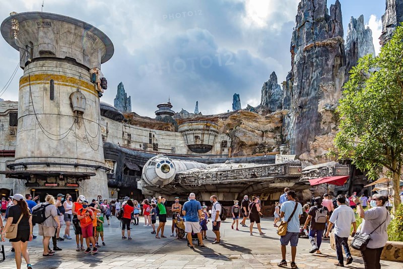 The Millennium Falcon light cargo starship in Star Wars Galaxy's Edge area of Disney's Hollywood Studios theme park