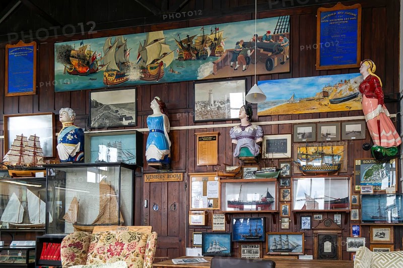 Interior of historic The Sailors Reading Room, Southwold, Suffolk, England, UK
