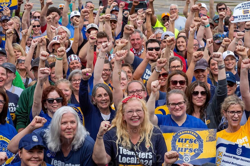 Southfield, Michigan - Nurses rally outside Corewell Health during their fight for a union contract. Corewell is the largest healthcare system in Michigan. Its 10, 000 nurses voted to join the Teamsters in late 2024 and are fighting for their first contract