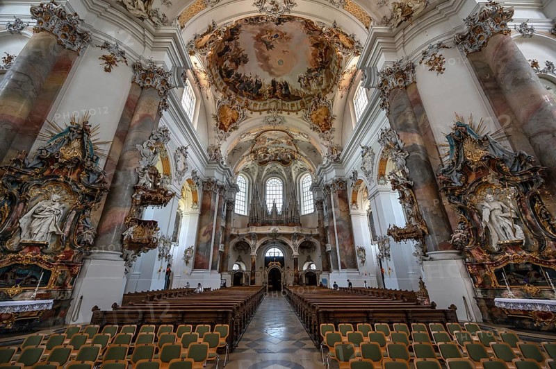 Interior with organ loft of the baroque Basilica of St Alexander and Theodor, Ottobeuren Monastery, Ottobeuren, Unterallgäu, Bavaria, Germany, Europe