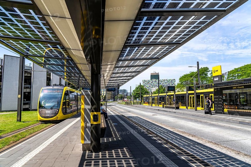 New bus and tram stops at Science Park Utrecht, Utrecht University, the stops have been redesigned, have LED lighting, video surveillance and a transparent solar roof, Netherlands