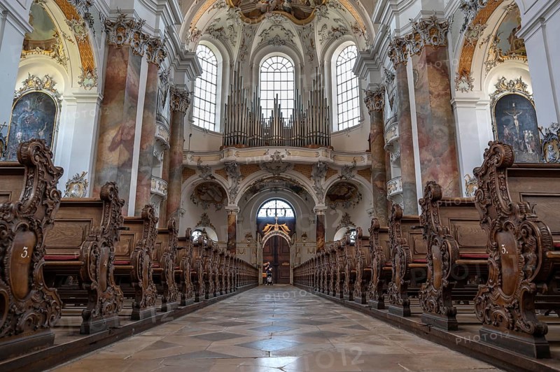 Organ loft of the baroque Basilica of St Alexander and Theodor, Ottobeuren Monastery, Ottobeuren, Unterallgäu, Bavaria, Germany, Europe