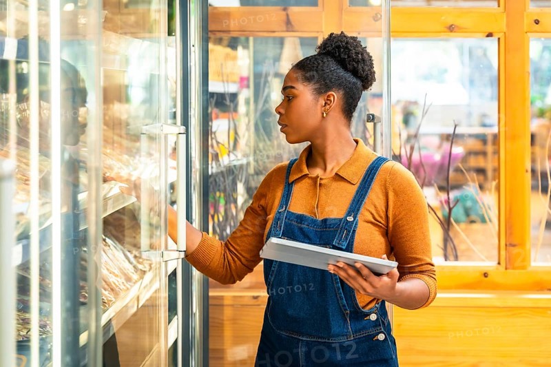 Young saleswoman wearing uniform and holding tablet checking food supplies in refrigerator of a grocery store