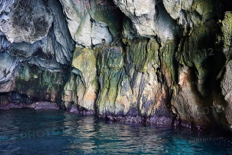 Colourful and overgrown rock walls of a grotto directly by the sea, boat trip around the island of Ortigia, Isola di Ortigia, Syracuse, Sicily, Italy, Europe
