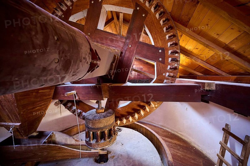 Close-up of wooden cogwheels inside the windmill, Windmill, Antimacheia, Kos, Dodecanese, Greek Islands, Greece, Europe