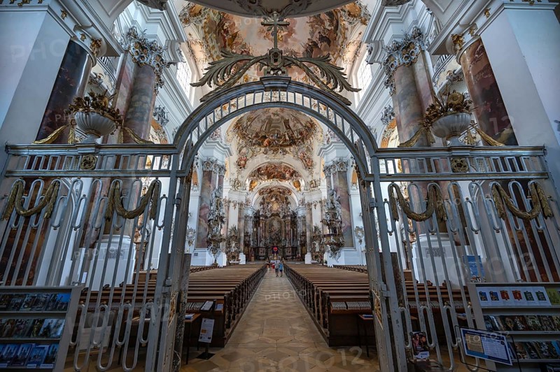 View from the vestibule into the interior of the baroque Basilica of St Alexander and Theodor, Ottobeuren Monastery, Ottobeuren, Unterallgäu, Bavaria, Germany, Europe