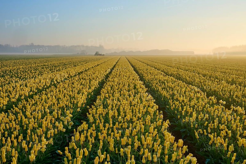 Misty morning over a wide field of yellow tulips under a softly glowing sky, Sassenheim, province of South Holland, Netherlands
