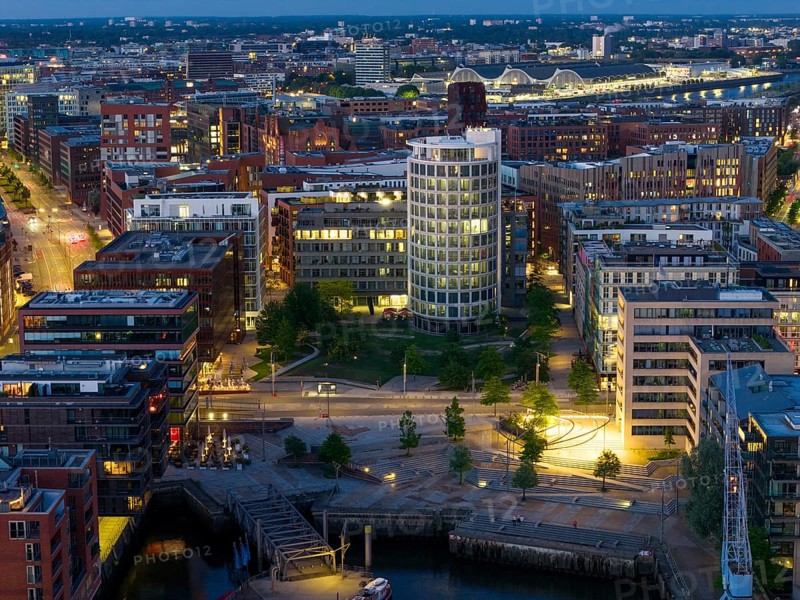Aerial view of the Speicherstadt Hamburg with Magellan Terraces at Sandtor harbour at blue hour, Hamburg, Germany, Europe