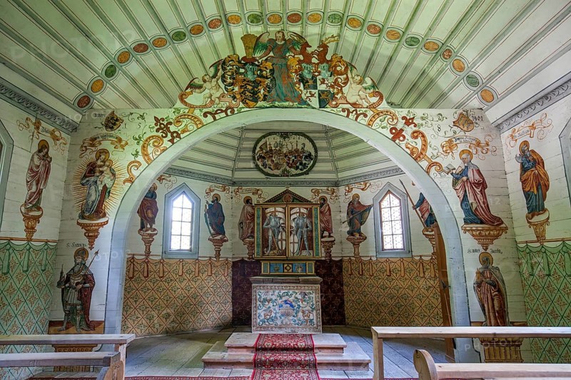 Catholic St Anne's Chapel, interior, Mannerist paintings, oldest wooden chapel in the Alps, Rohrmoos, Rohrmoostal, near Oberstdorf, Oberallgäu, Allgäu, Bavaria, Germany, Europe