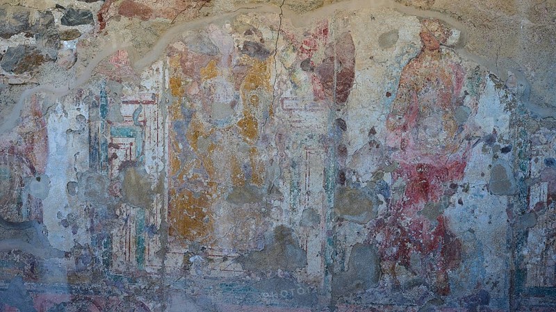Faded frescoes on ancient wall with figures and paint remains, Archaeological Site, House of Beluga (sturgeon), Western Excavation, Kos Town, Kos, Dodecanese, Greek Islands, Greece, Europe
