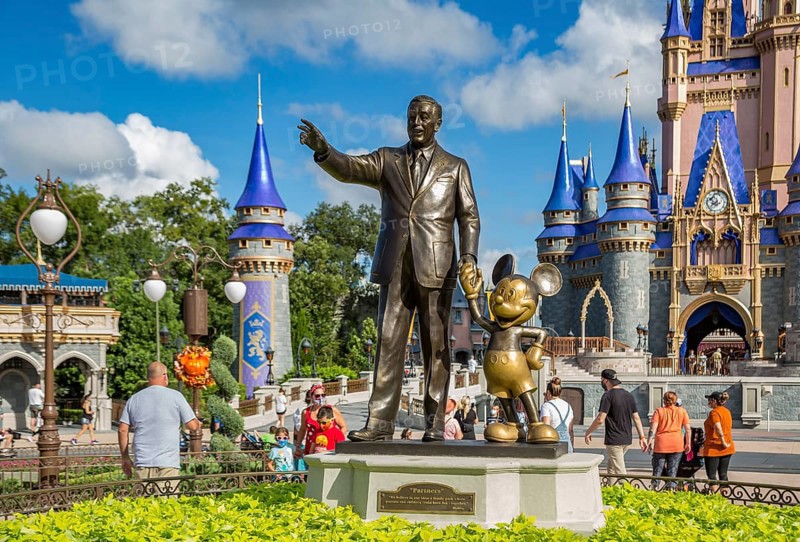 Partners statue in front of Cinderella's Castle at the end of Main Street in the Magic Kingdom at Walt Disney World, Orlando, Florida