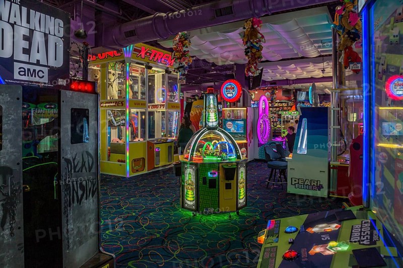 Colorful arcade at The Island recreation center in Pigeon Forge, Tennessee
