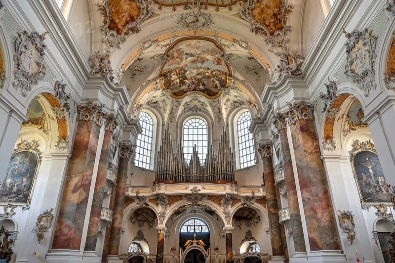 Organ loft of the baroque Basilica of St Alexander and Theodor, Ottobeuren Monastery, Ottobeuren, Unterallgäu, Bavaria, Germany, Europe