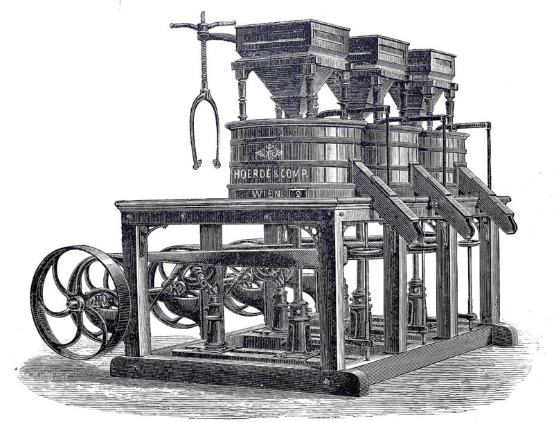 Milling, agriculture, Transportable mill with three pairs of stones for processing grain, by Hoerde & Co, around 1870, digitally improved reproduction of a 19th century model, historical, exact date unknown