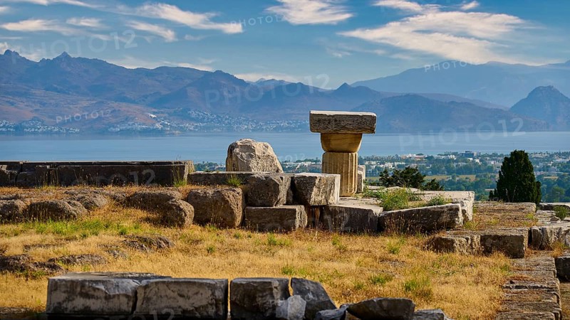 Ruins overlooking a landscape of sea and mountains under a blue sky, Doric Temple, Early Christian Altar, Asklipion, Asklepieion, Healing Temple, Temple, Hippocrates, Kos, Dodecanese, Greek Islands, Greece, Europe