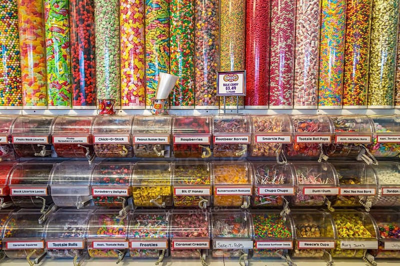 Display of candies in the Sweet! candy store at The Island recreation center in Pigeon Forge, Tennessee