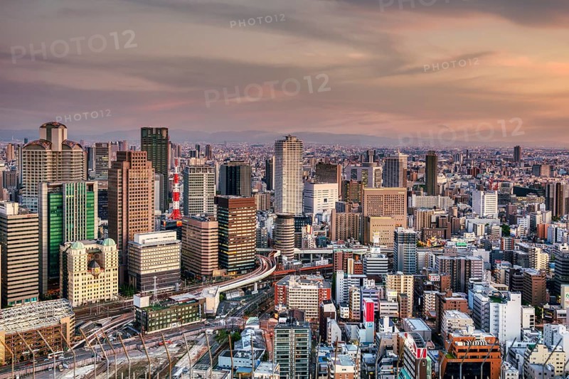 Osaka Japan. Aerial view of the city at dusk