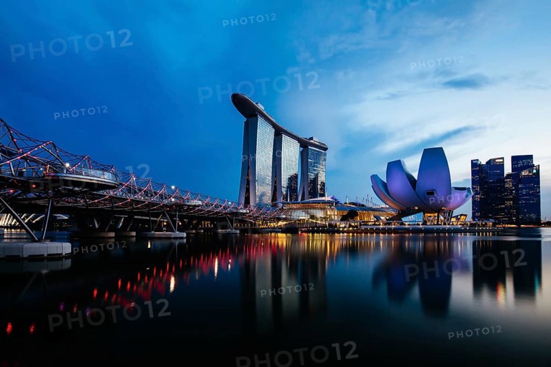 Marina Bay Sand area and Helix Bridge at dusk on a clear day on November 24th 2019