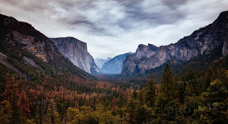 The iconic view of Yosemite Valley and the magnificent El Capitan in a storm from Tunnel View in California, USA, North America