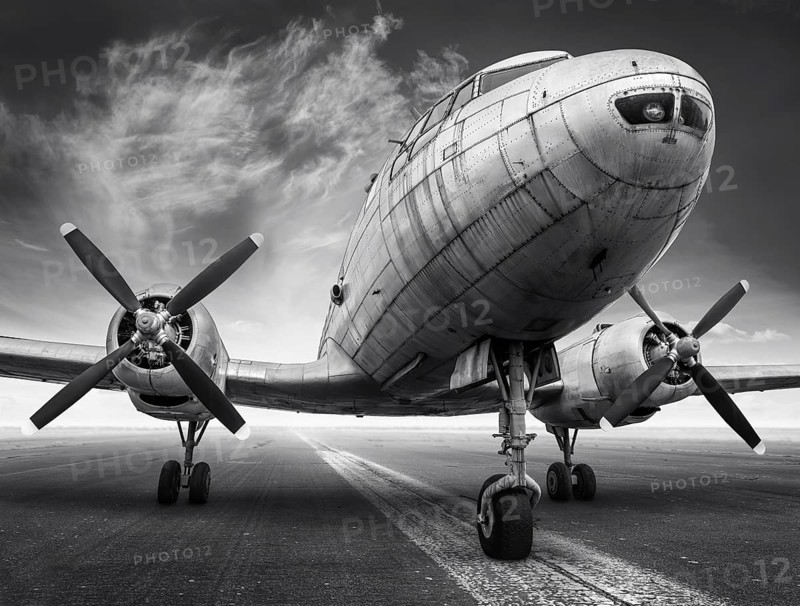 historical airplane on a runway is waiting for take off