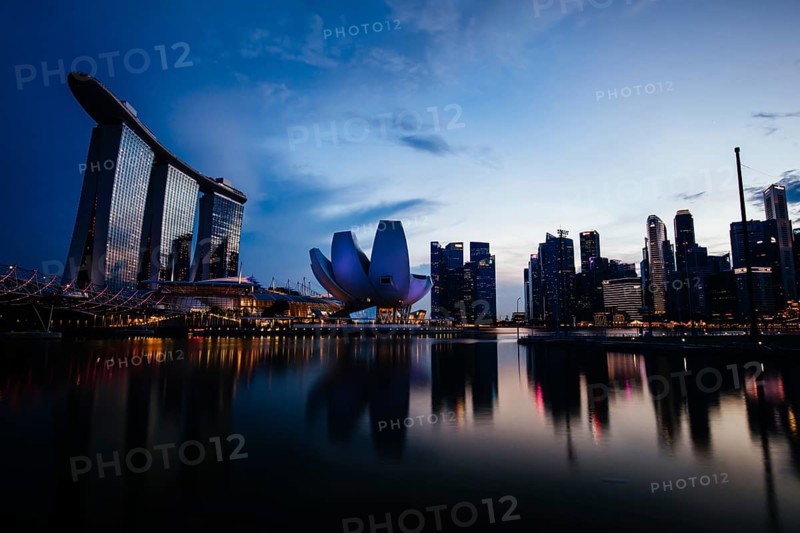 Marina Bay Sand area and Helix Bridge at dusk on a clear day on November 24th 2019