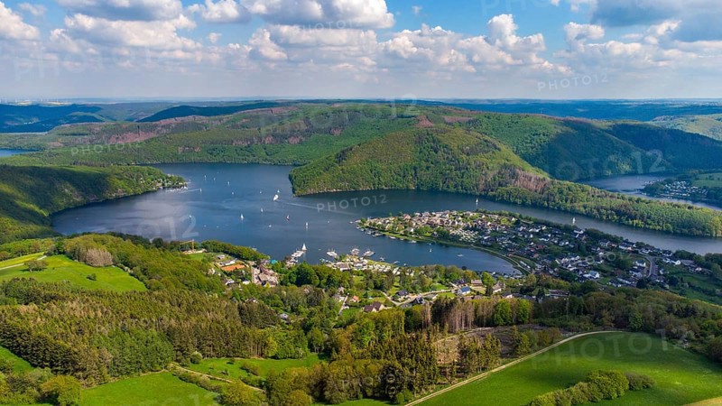 Aerial view of the Rursee in the Eifel region, Germany with Woffelsbach, a district of the city Simmerath