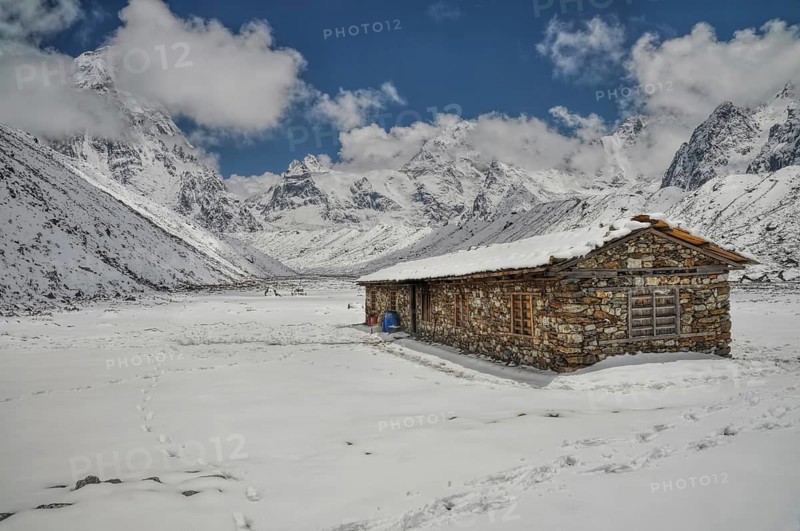 Cabin in high altitude in Himalayas mountains near Kanchenjunga, the third tallest mountain in the world