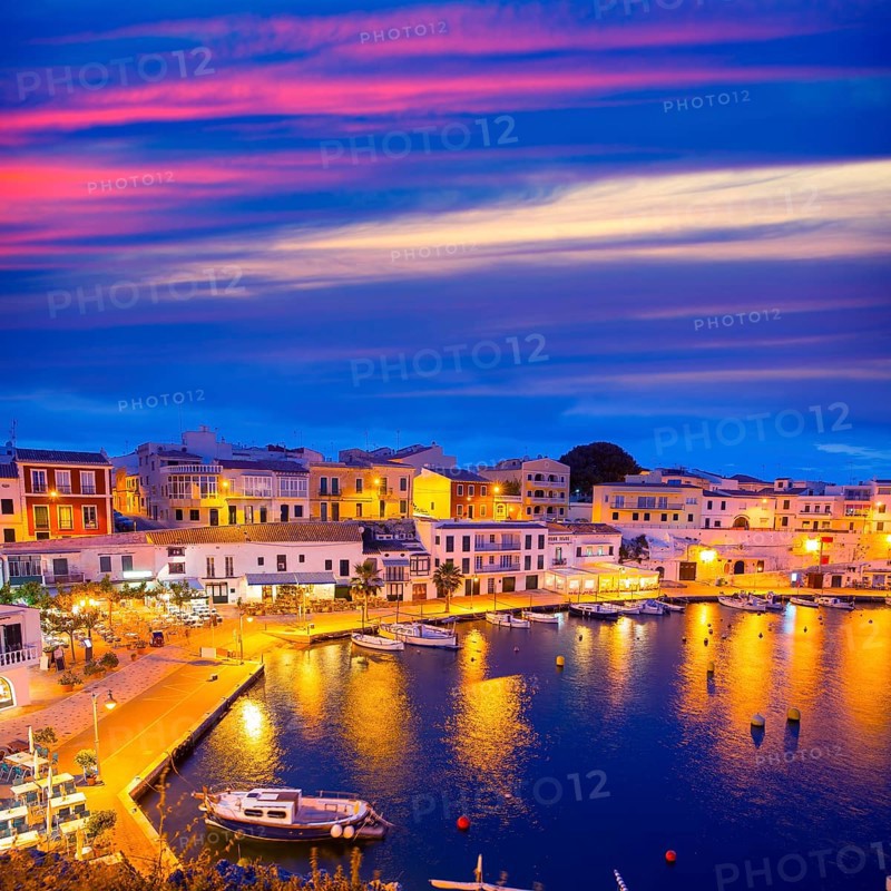 Calasfonts Cales Fonts Port sunset in Mahon at Balearic islands