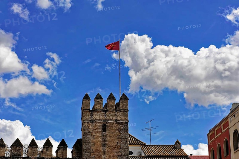 Seville, Andalusia, Spain, Europe, A medieval building with a tower and flag against a clear sky, Europe