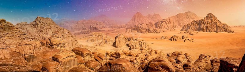 Desert and rocks on extraterrestrial or alien planet in the universe with view on space and galaxy. Sci-fi