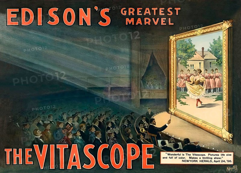 Historical advertisement for Thomas Edison's Vitascope, 19th Century, digitally edited