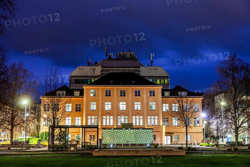 Academy building of the Montanuniversität Leoben, Gärner Park, blue hour, Leoben, Styria, Austria, Europe