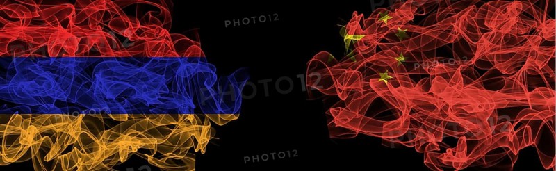 Flags of Armenia and China on Black background, Armenia vs China Smoke Flags