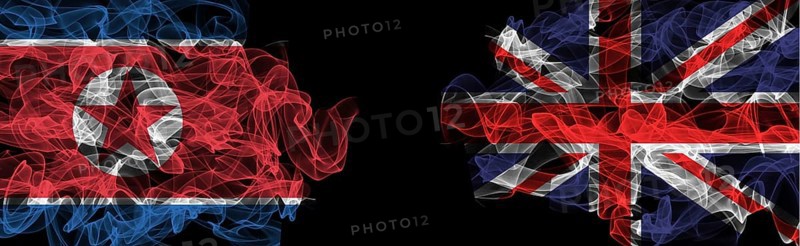 Flags of North Korea and United Kingdom on Black background, North Korea vs United Kingdom Smoke Flags