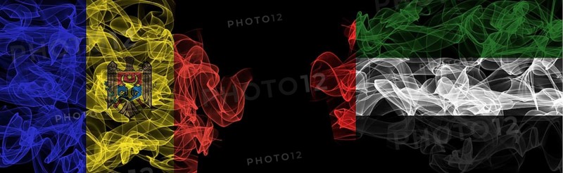 Flags of Moldova and UAE on Black background, Moldova vs United Arab Emirates Smoke Flags