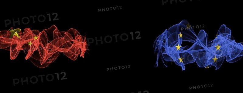 Flags of China and EU on Black background, China vs Europe Union Smoke Flags
