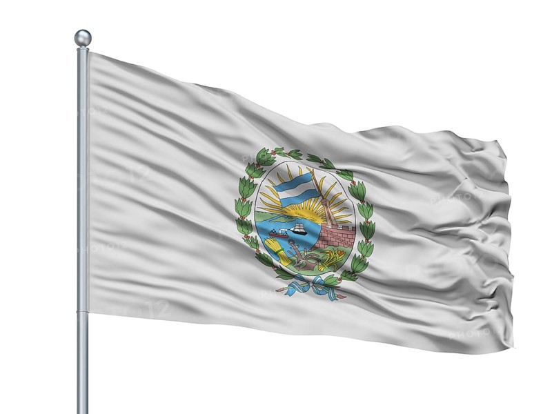 Rosario City Flag On Flagpole, Country Argentina, Isolated On White Background, 3D Rendering