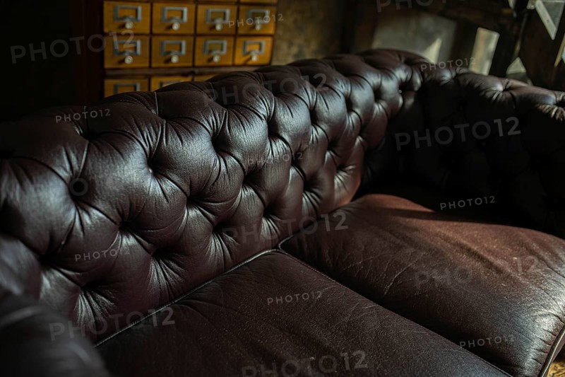Tufted brown leather couch in a cozy setting with a vintage drawer unit