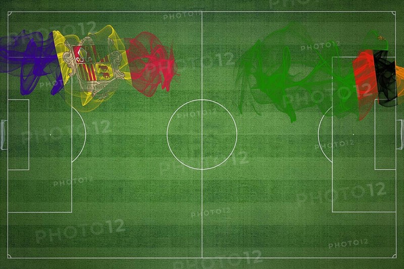 Andorra vs Zambia Soccer Match, national colors, national flags, soccer field, football game, Competition concept, Copy space