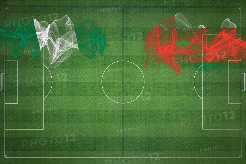 Nigeria vs Oman Soccer Match, national colors, national flags, soccer field, football game, Competition concept, Copy space