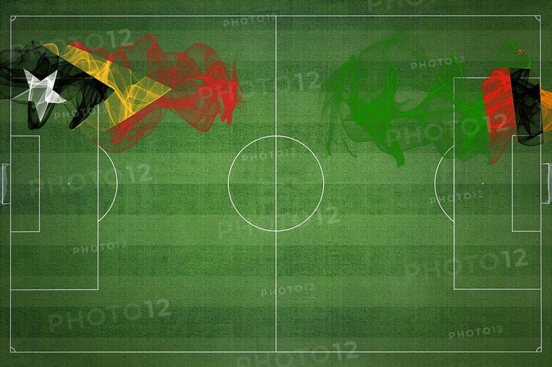 East Timor vs Zambia Soccer Match, national colors, national flags, soccer field, football game, Competition concept, Copy space