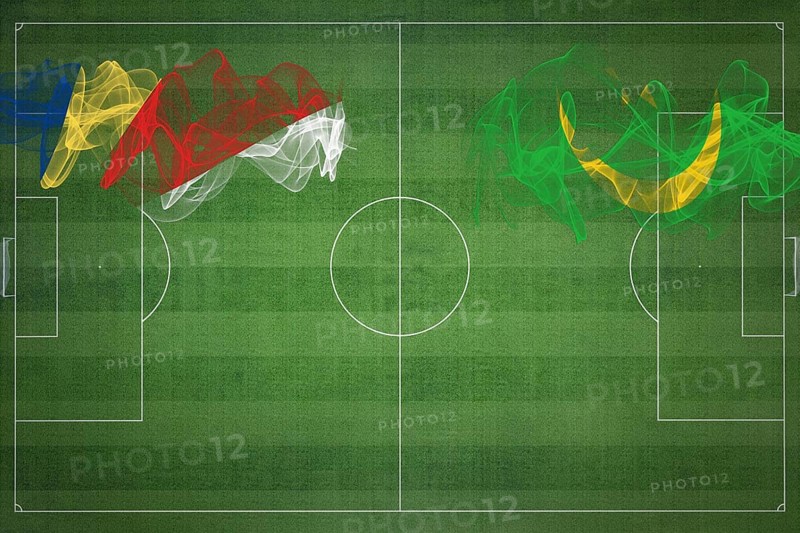 Seychelles vs Mauritania Soccer Match, national colors, national flags, soccer field, football game, Competition concept, Copy space