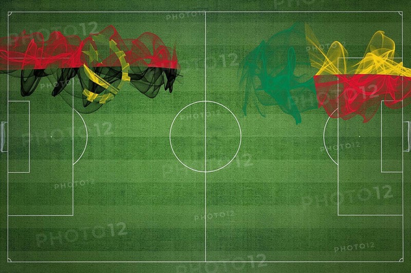Angola vs Benin Soccer Match, national colors, national flags, soccer field, football game, Competition concept, Copy space