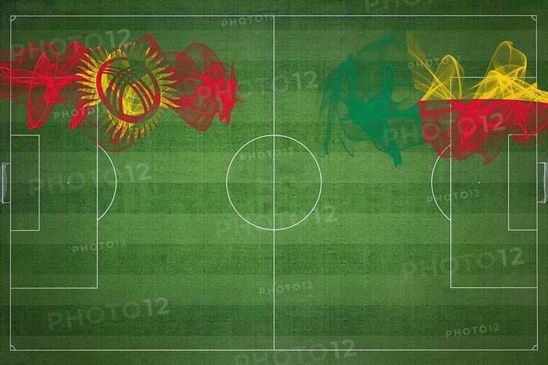 Kyrgyzstan vs Benin Soccer Match, national colors, national flags, soccer field, football game, Competition concept, Copy space