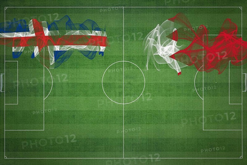 Iceland vs Bahrain Soccer Match, national colors, national flags, soccer field, football game, Competition concept, Copy space