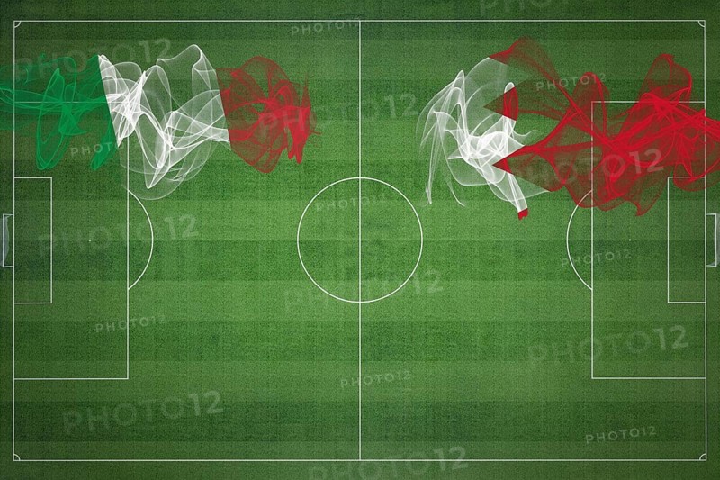 Italy vs Bahrain Soccer Match, national colors, national flags, soccer field, football game, Competition concept, Copy space
