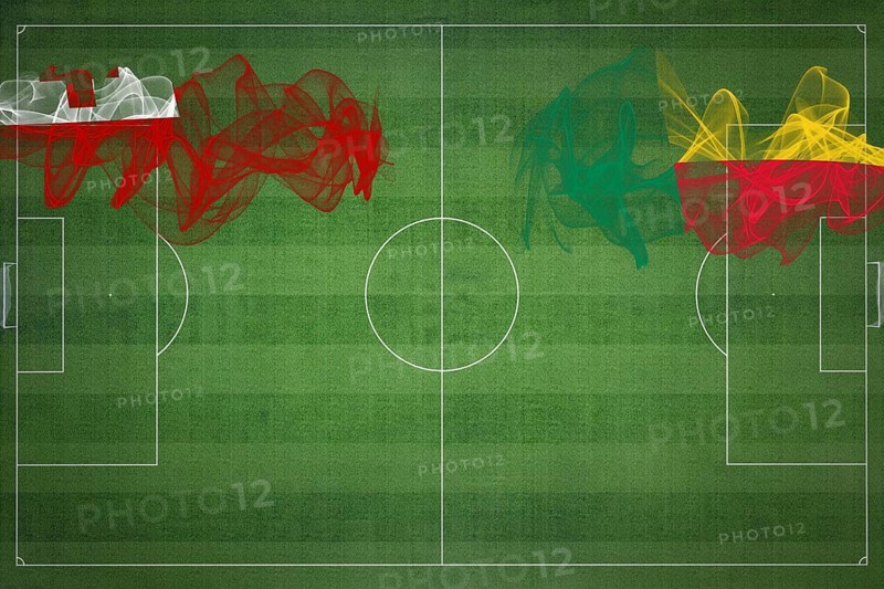 Tonga vs Benin Soccer Match, national colors, national flags, soccer field, football game, Competition concept, Copy space