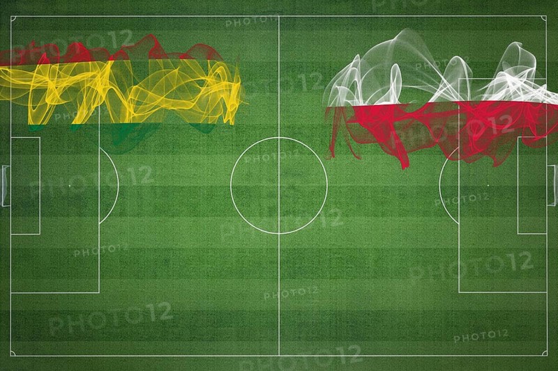 Bolivia vs Poland Soccer Match, national colors, national flags, soccer field, football game, Competition concept, Copy space