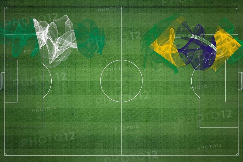 Nigeria vs Brazil Soccer Match, national colors, national flags, soccer field, football game, Competition concept, Copy space