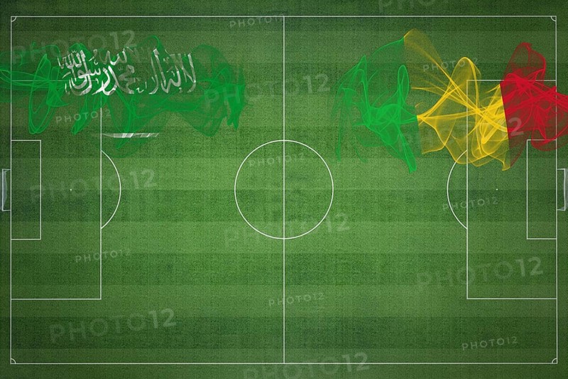 Saudi Arabia vs Mali Soccer Match, national colors, national flags, soccer field, football game, Competition concept, Copy space